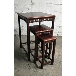 Set Of Three Carved Wood Nesting Tables, China, 20th Century