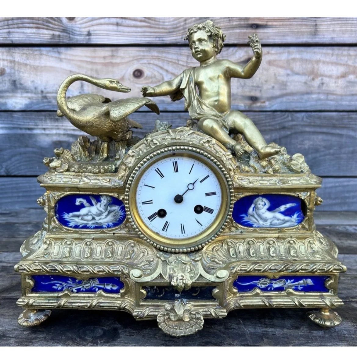 Pendule Bronze Doré Empire Napoléon III Ange Angelot Cygne Horloge Clock Ancien
