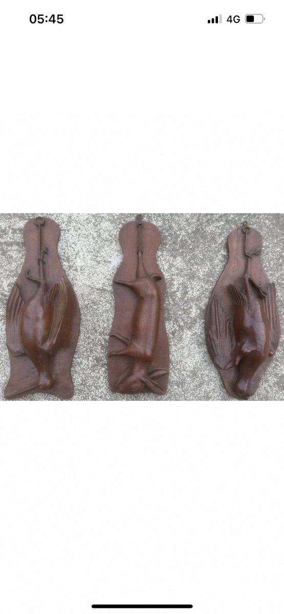 3 Hunting Trophy Carved Wood Folk Art Monoxyle Hare Woodcock Old-photo-2