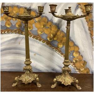 50cm Pair Of Candelabra Empire Candlestick Napoleon 3 Old Gilt Bronze Aries