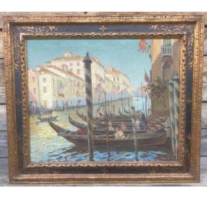 Luigi Moretti Hst Peinture Venise Ancien Huile Sur Toile Gondole Italie