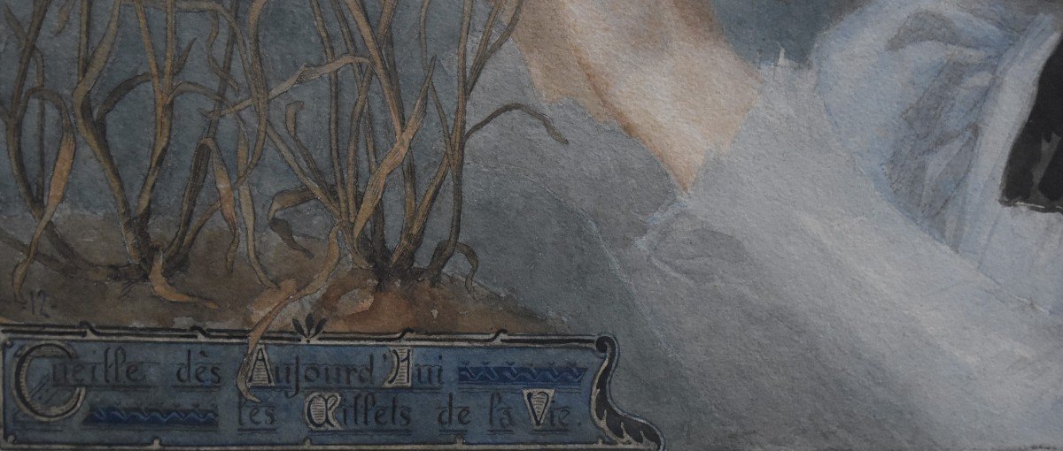 Gustave Riquet (1866-1938)  Les œillets De La Vie, 1898  Aquarelle Signée-photo-4