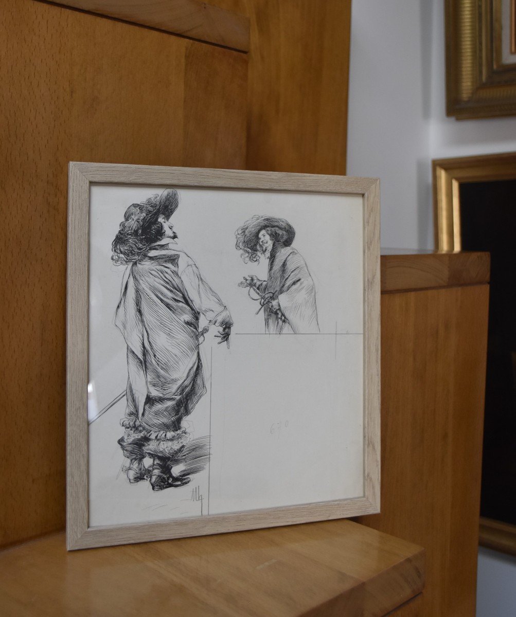 Félicien Myrbach (1853-1940) A Duel Of Refined, Original Signed Drawing-photo-4