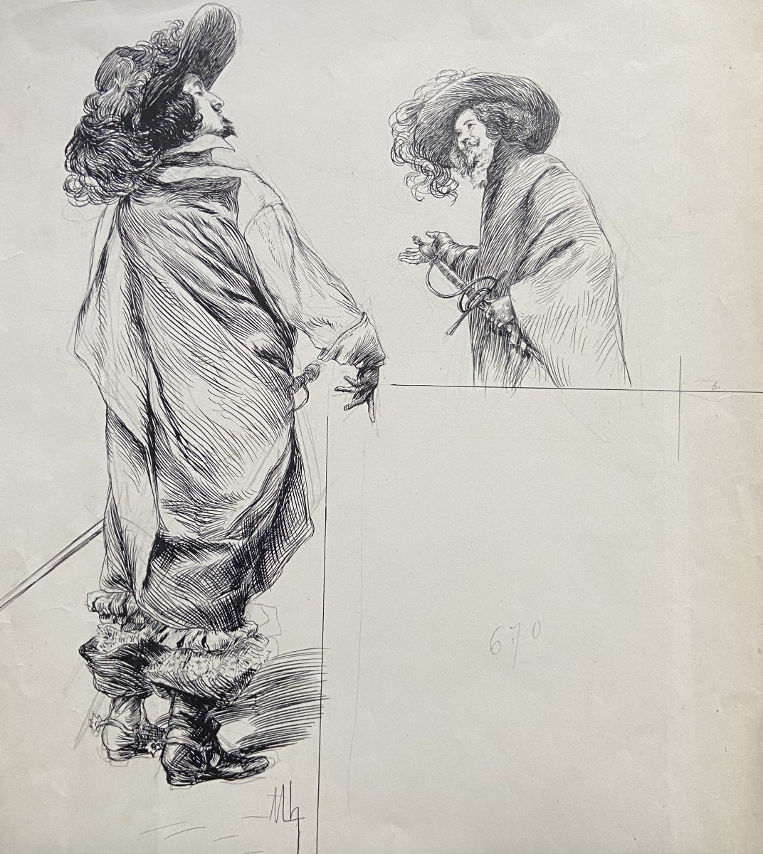 Félicien Myrbach (1853-1940) A Duel Of Refined, Original Signed Drawing