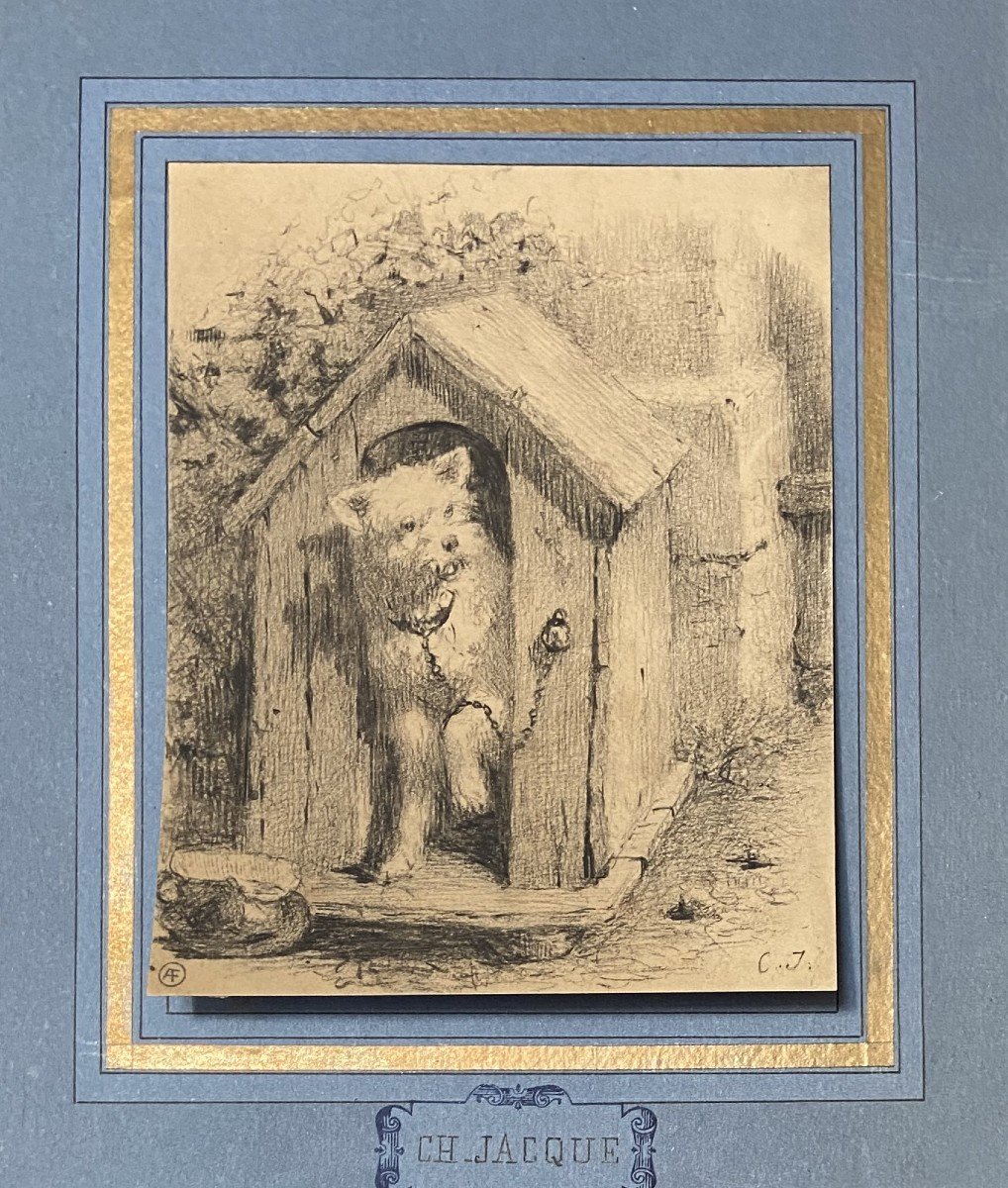 Charles Emile Jacque (paris 1813 - 1894) Dog In A Doghouse,  Signed Drawing-photo-3