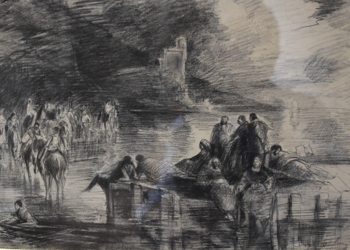 Edouard Dufeu (1836-1900) Fantastic Scene By A Lake, Signed Drawing-photo-1