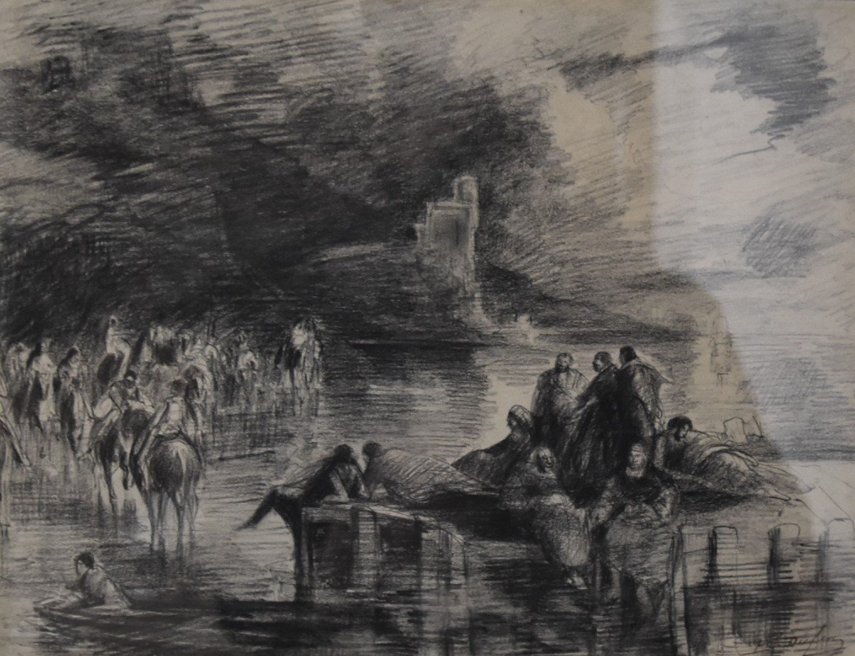 Edouard Dufeu (1836-1900) Fantastic Scene By A Lake, Signed Drawing