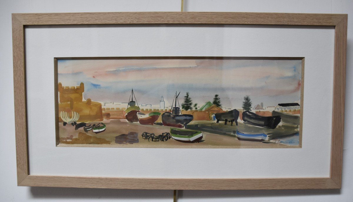 Jean Launois (1898-1942) North African Landscape, A Port, Signed Watercolor-photo-2