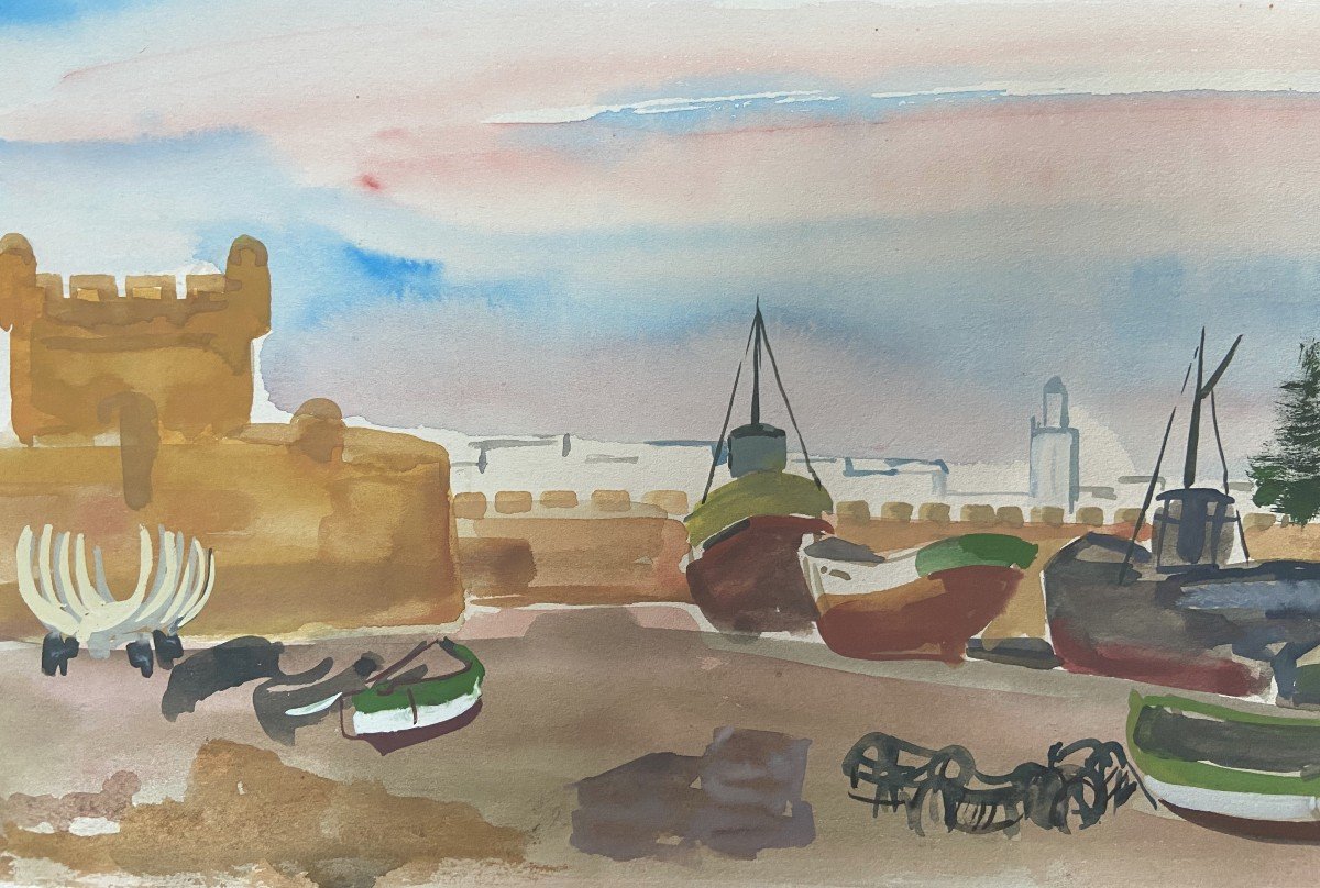 Jean Launois (1898-1942) North African Landscape, A Port, Signed Watercolor-photo-3