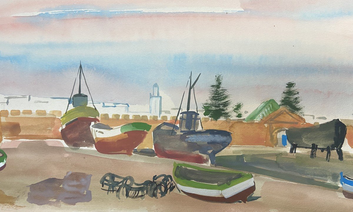 Jean Launois (1898-1942) North African Landscape, A Port, Signed Watercolor-photo-1