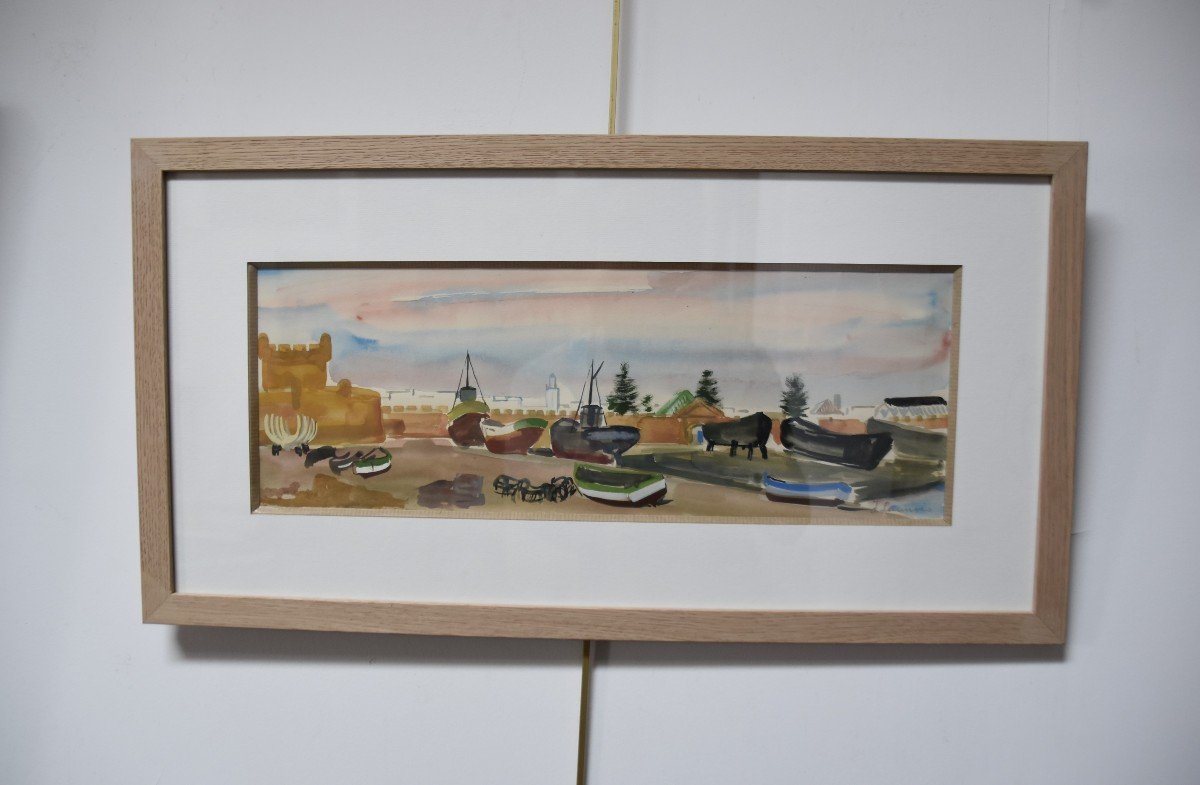 Jean Launois (1898-1942) North African Landscape, A Port, Signed Watercolor-photo-3