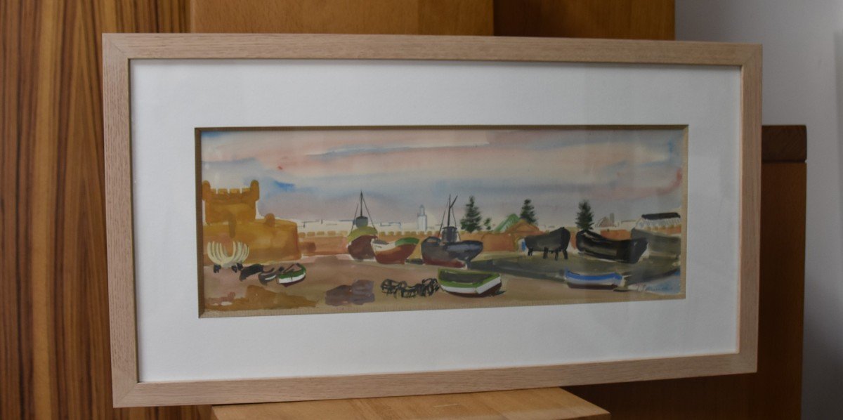 Jean Launois (1898-1942) North African Landscape, A Port, Signed Watercolor-photo-4