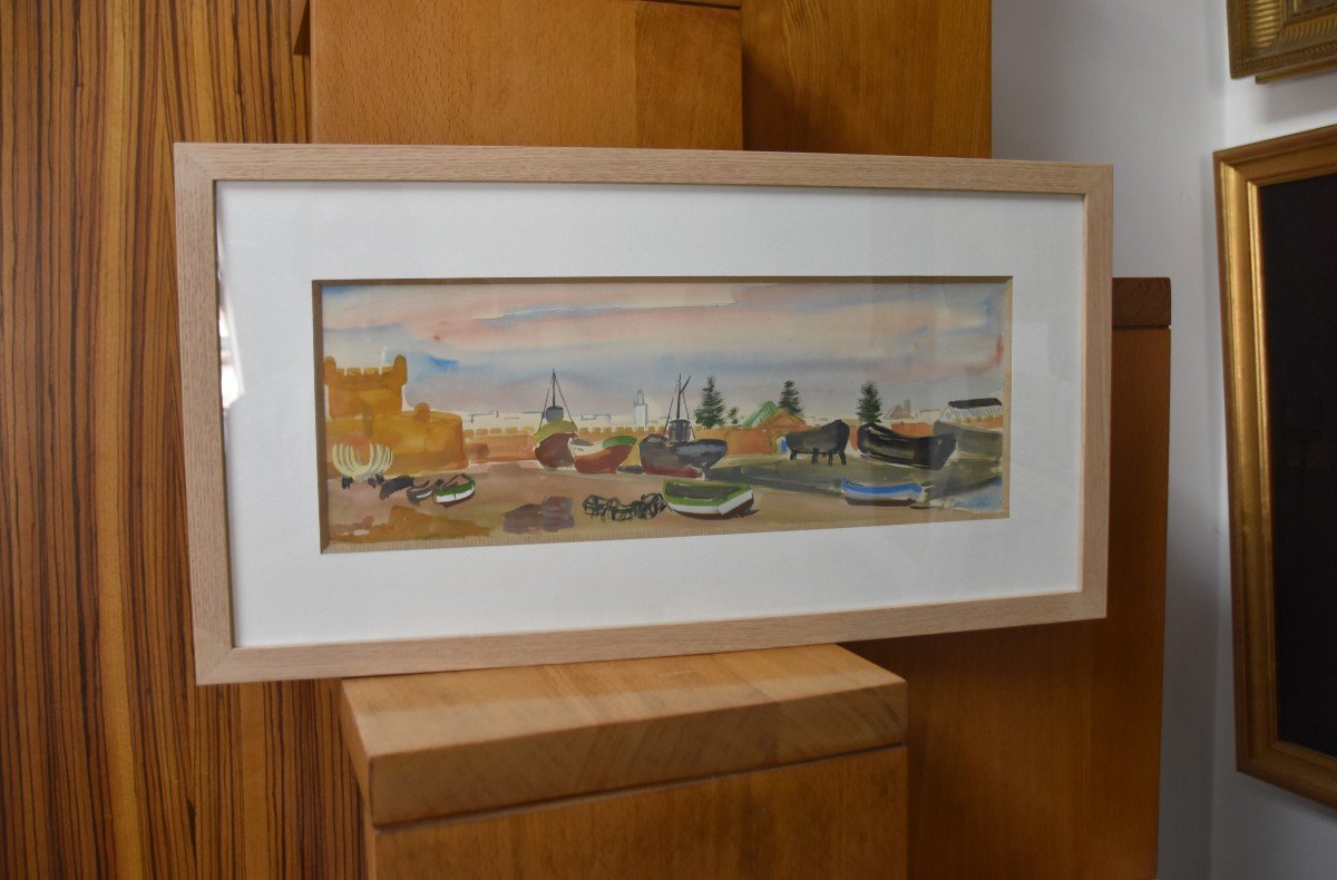 Jean Launois (1898-1942) North African Landscape, A Port, Signed Watercolor-photo-5