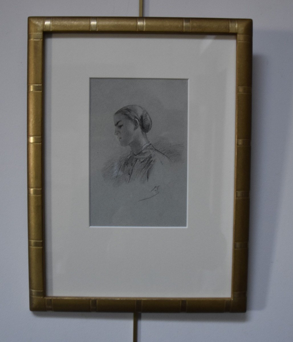 Alexandre Bida (1813-1895) Young Woman In Profile, Signed Drawing-photo-2