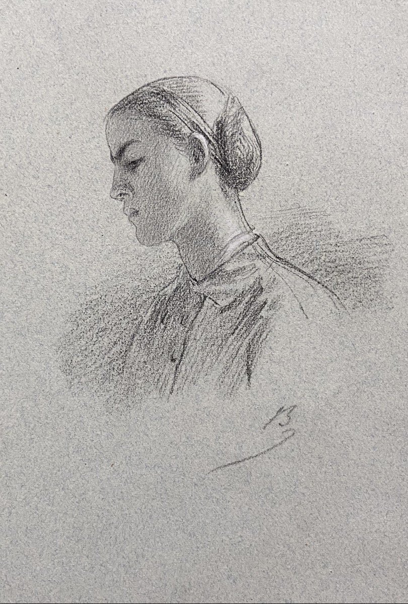 Alexandre Bida (1813-1895) Young Woman In Profile, Signed Drawing