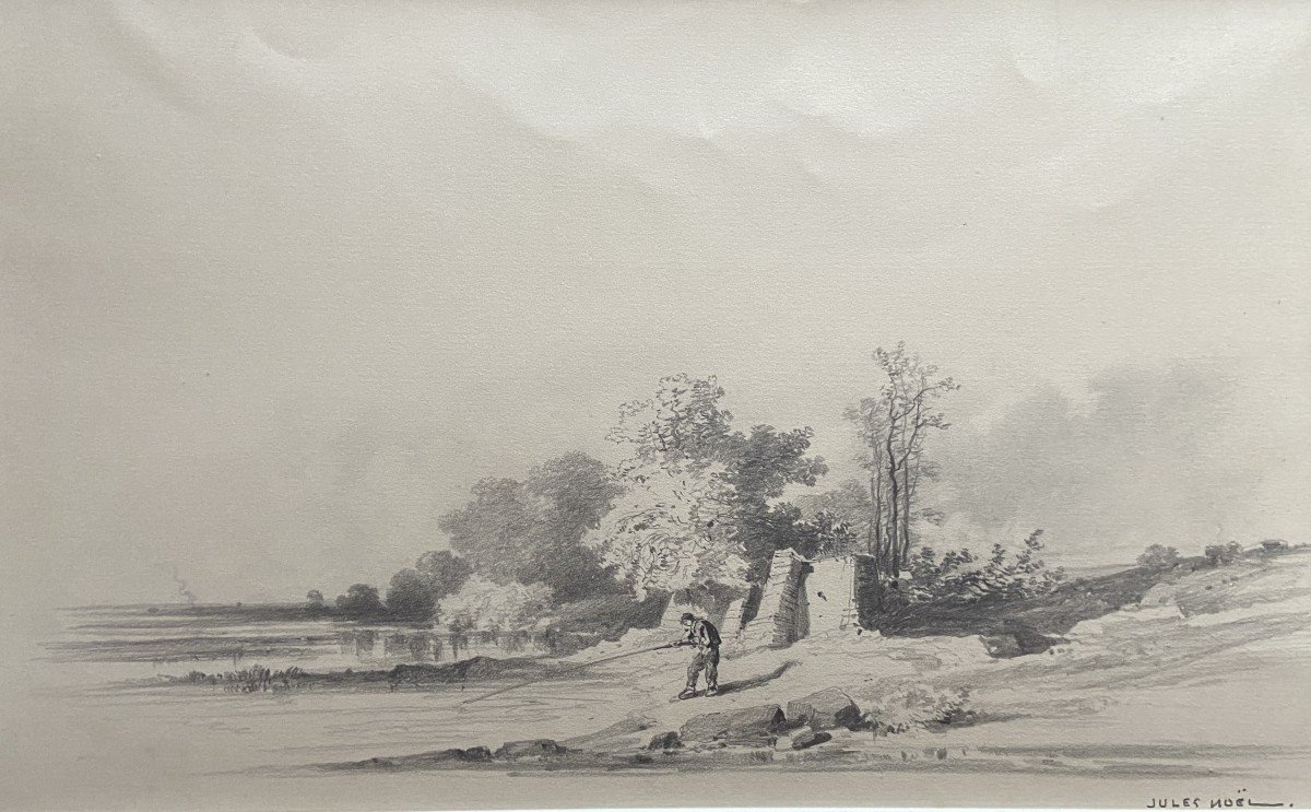 Jules Noël (1810-1881) Landscape With A Fisherman, Signed Drawing