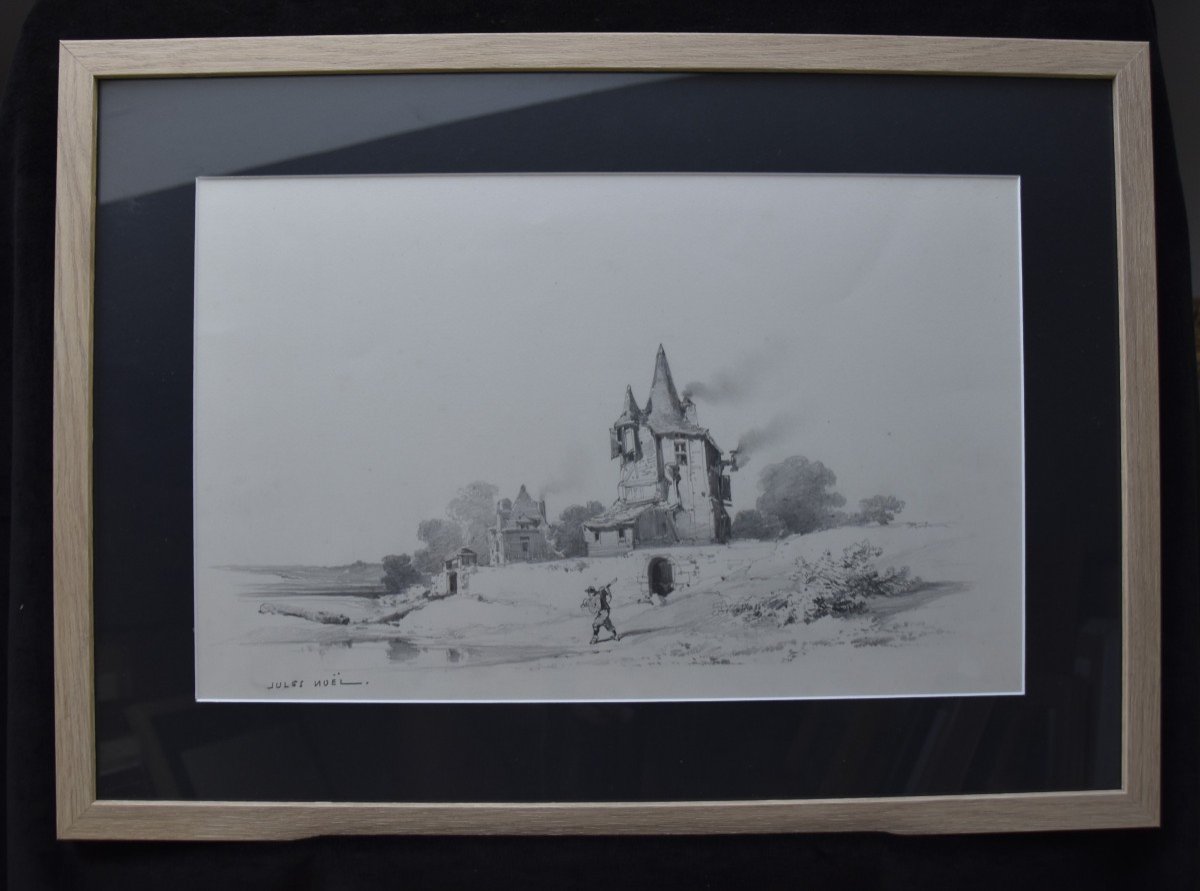 Jules Noël (1810-1881) Landscape With A Manor And A Traveler, Signed Drawing-photo-2