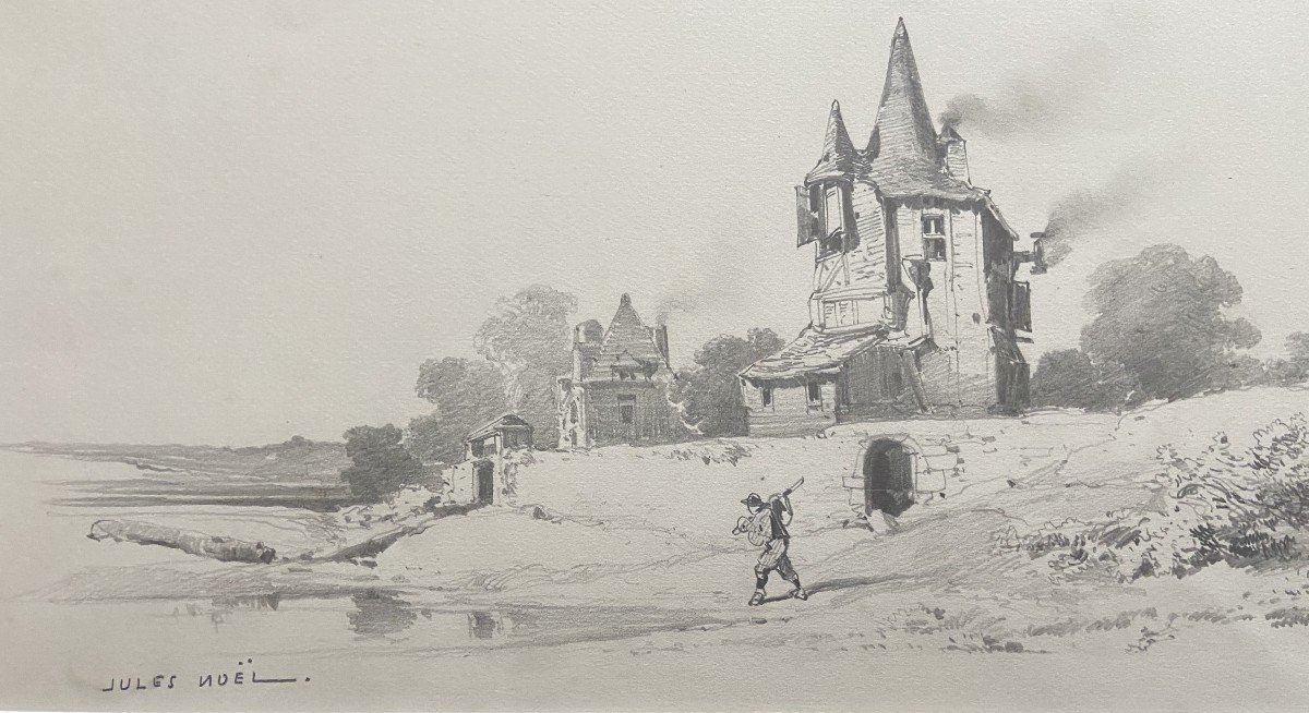 Jules Noël (1810-1881) Landscape With A Manor And A Traveler, Signed Drawing-photo-3