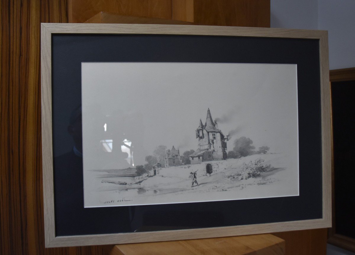 Jules Noël (1810-1881) Landscape With A Manor And A Traveler, Signed Drawing-photo-1