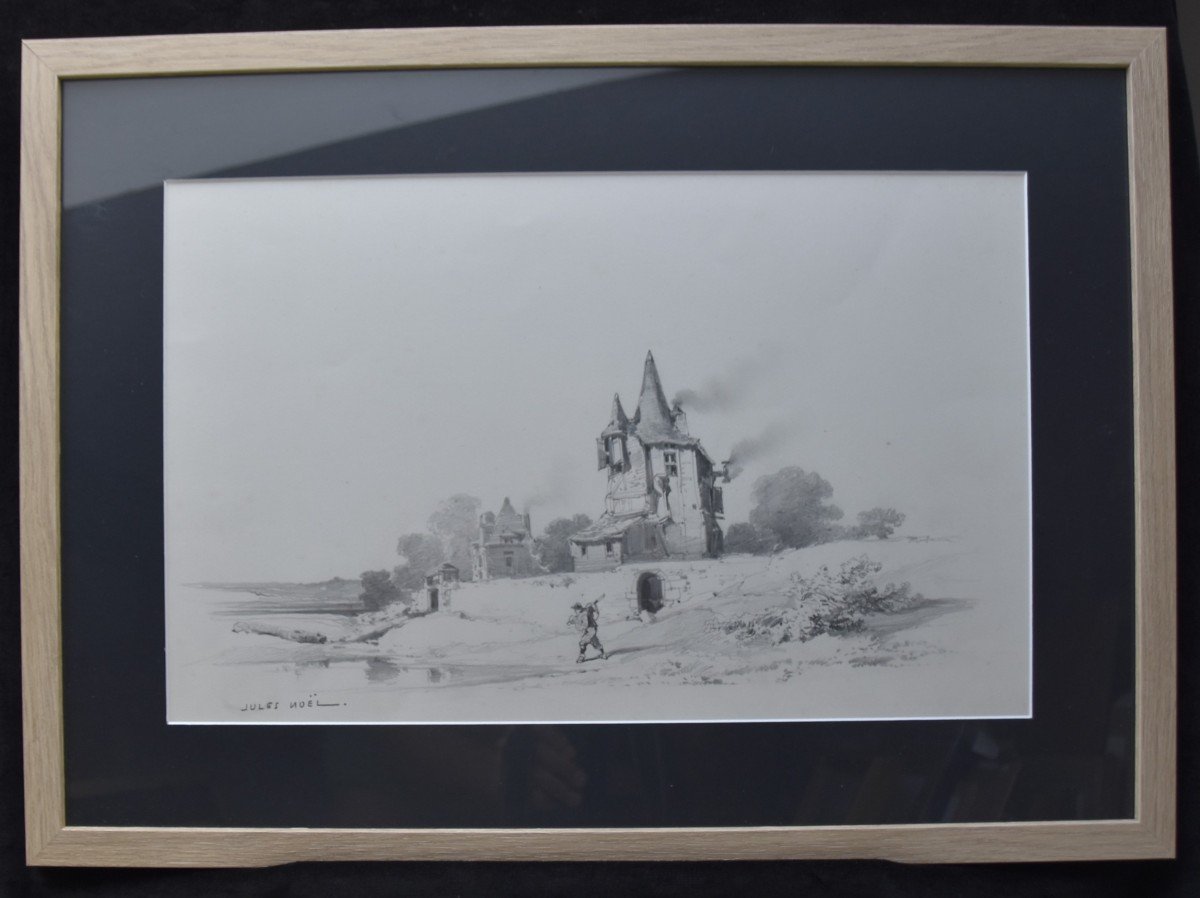 Jules Noël (1810-1881) Landscape With A Manor And A Traveler, Signed Drawing-photo-2