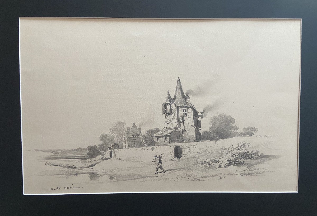 Jules Noël (1810-1881) Landscape With A Manor And A Traveler, Signed Drawing-photo-4