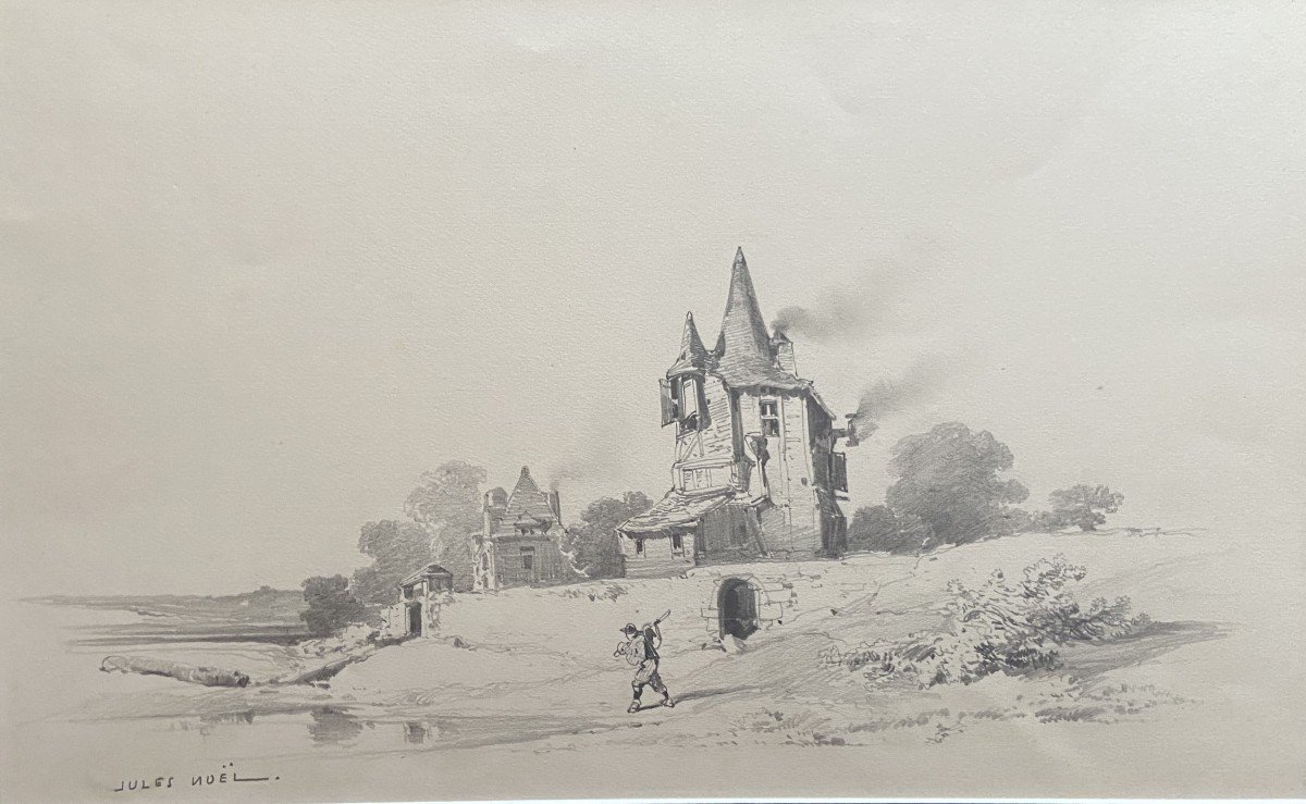 Jules Noël (1810-1881) Landscape With A Manor And A Traveler, Signed Drawing