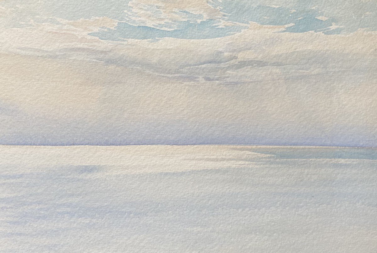 Ernest Lessieux (1848 - 1925)  La Mer Par Temps Calme, Aquarelle Signée-photo-3