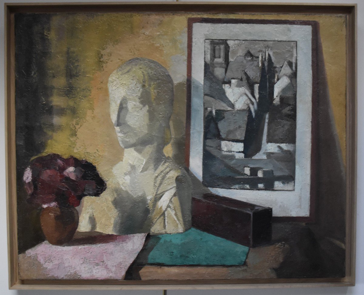 Roger Cortet (1910-1978) Still-life With A White Sculpture, Oil On Canvas Signed-photo-2