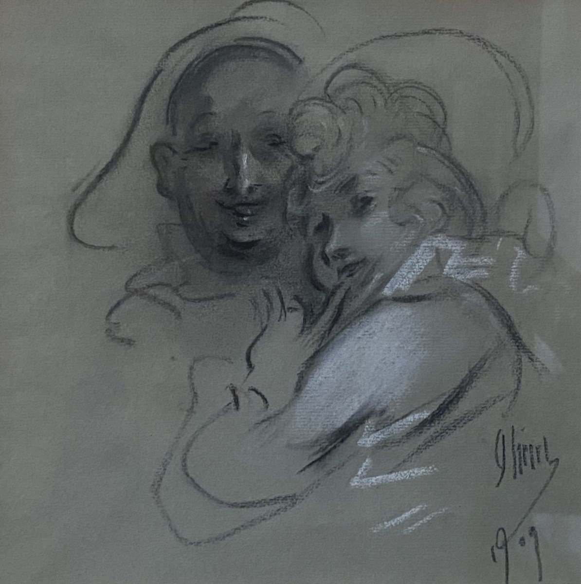 Jules Chéret (1836-1932) Un Couple, 1909, Dessin Signé