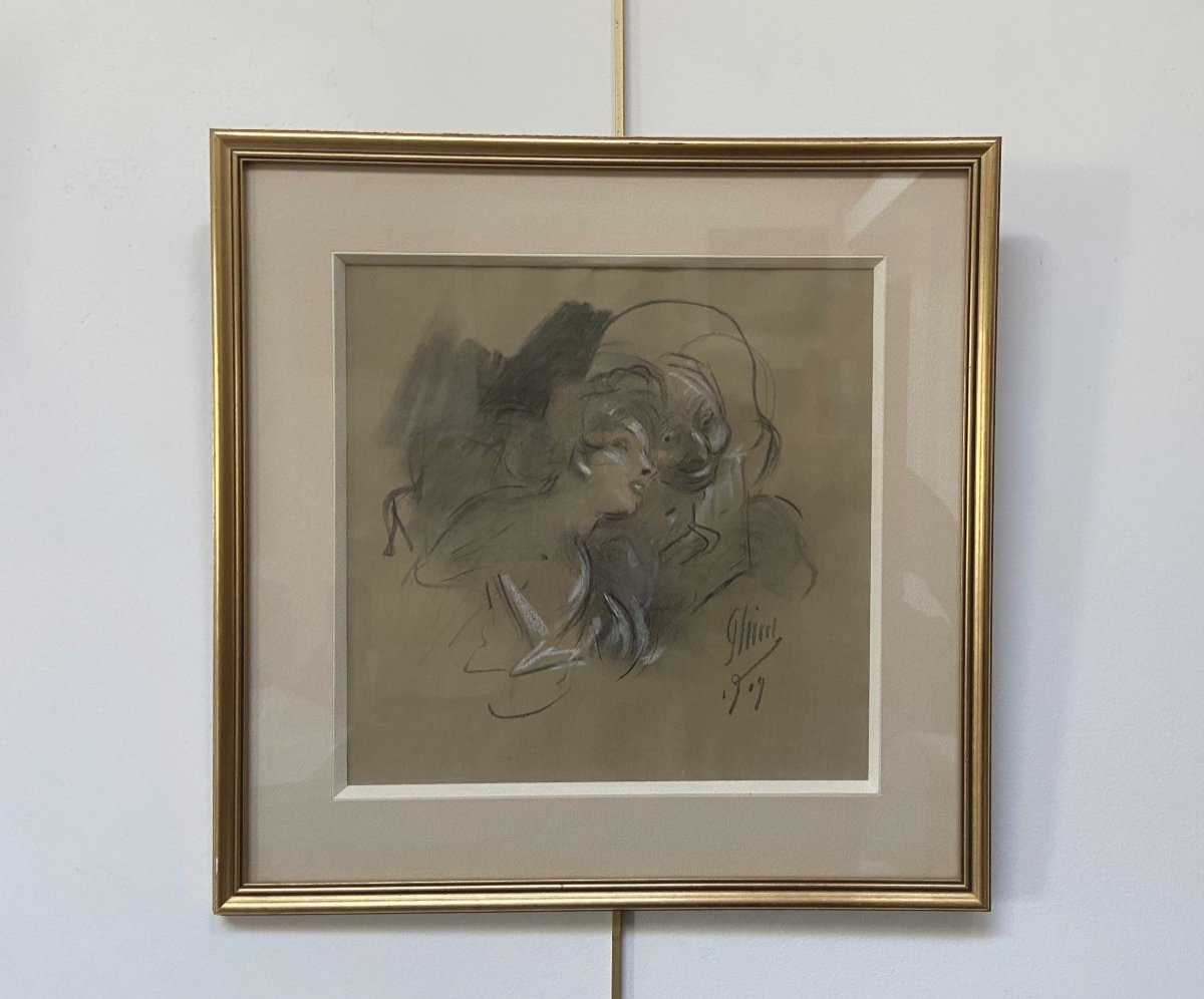 Jules Chéret (1836-1932) La Confidence, 1909, Signed Drawing-photo-2