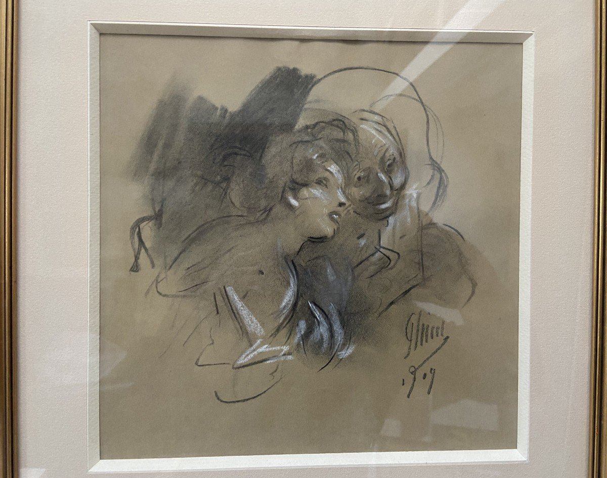 Jules Chéret (1836-1932) La Confidence, 1909, Signed Drawing-photo-1