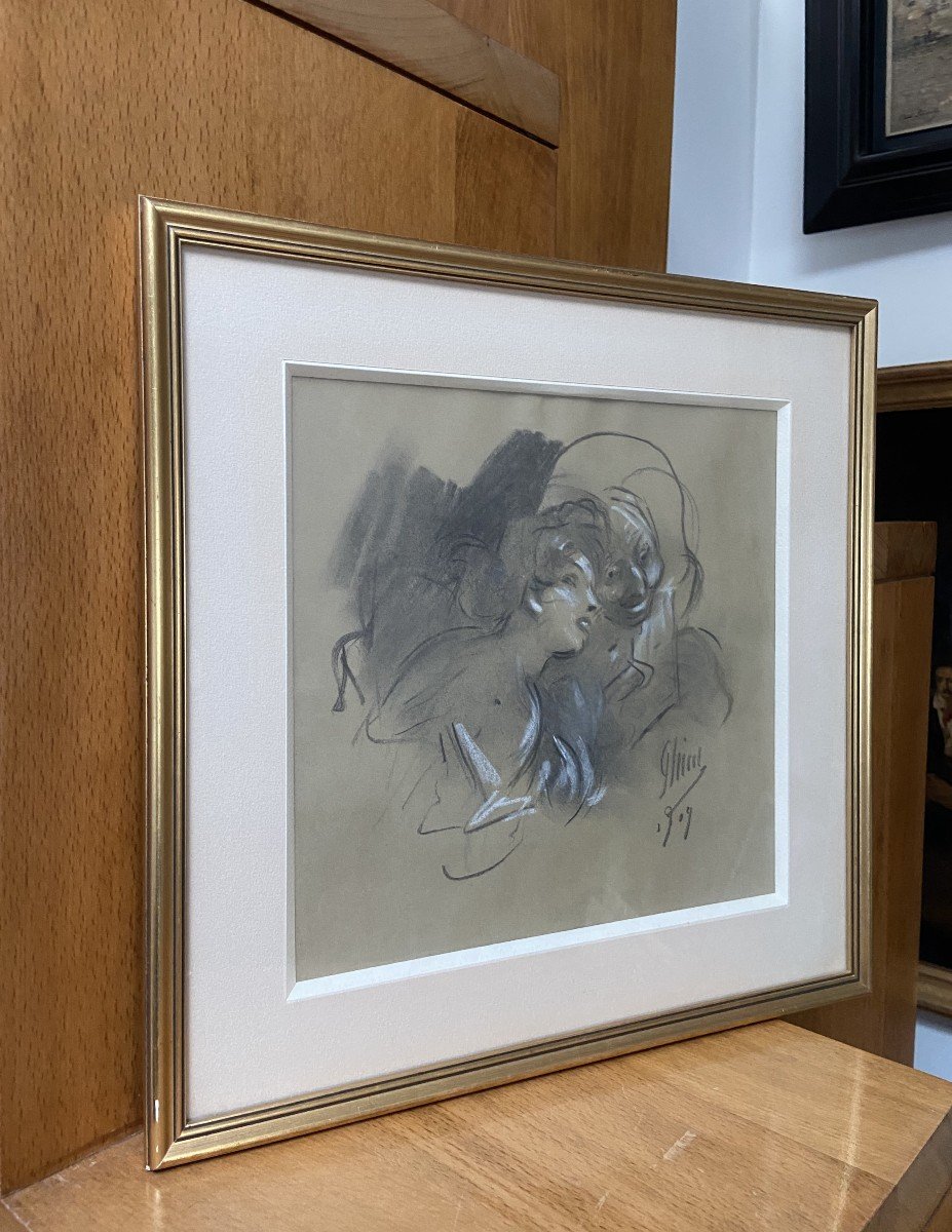 Jules Chéret (1836-1932) La Confidence, 1909, Signed Drawing-photo-2