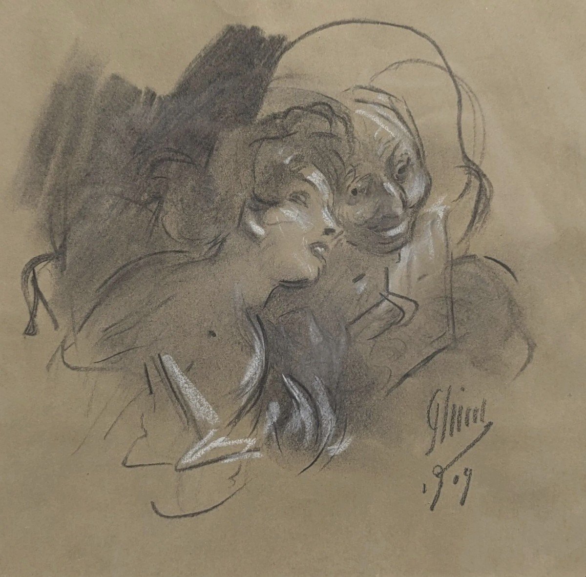 Jules Chéret (1836-1932) La Confidence, 1909, Signed Drawing