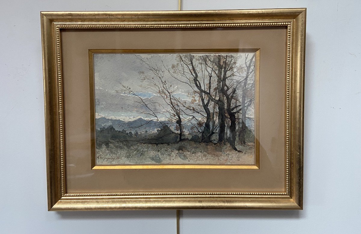 Henri Harpignies (1819-1916) A Landscape In Winter, 1888, Signed Watercolor-photo-7