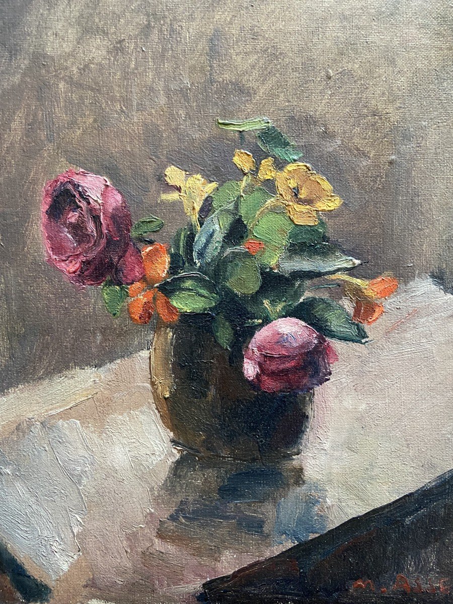 Maurice Asselin (1882-1947) Bouquet Of Roses And Nasturtiums, Oil On Canvas Signed-photo-3