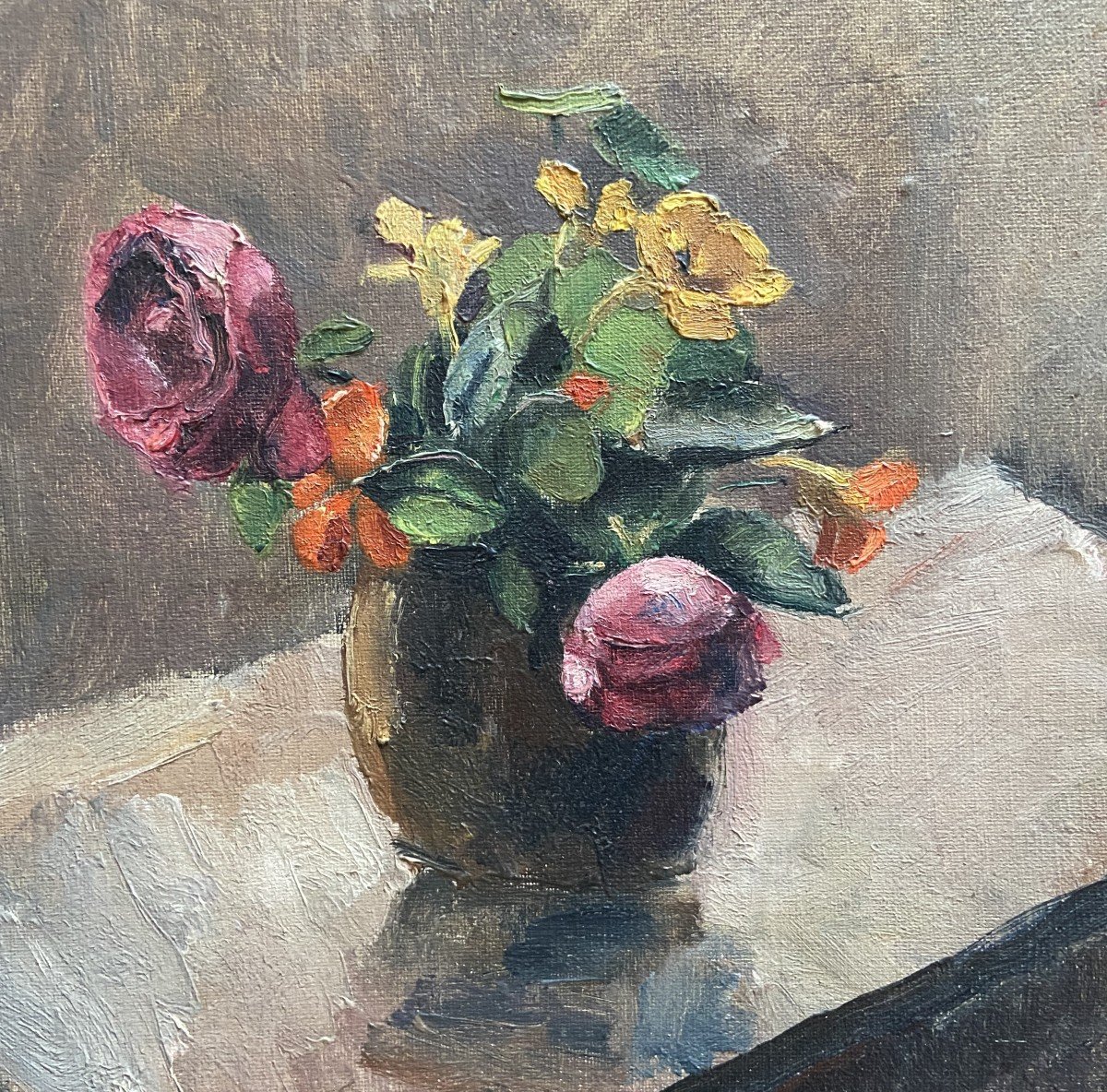 Maurice Asselin (1882-1947) Bouquet Of Roses And Nasturtiums, Oil On Canvas Signed-photo-1