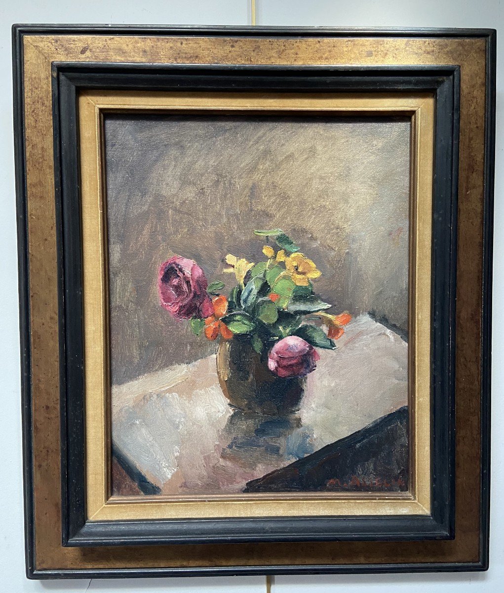 Maurice Asselin (1882-1947) Bouquet Of Roses And Nasturtiums, Oil On Canvas Signed-photo-2