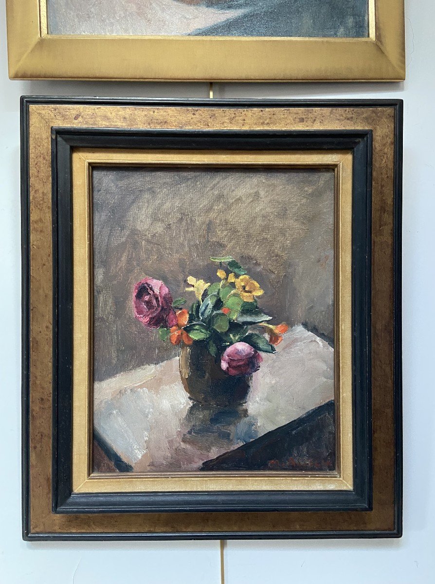 Maurice Asselin (1882-1947) Bouquet Of Roses And Nasturtiums, Oil On Canvas Signed-photo-3