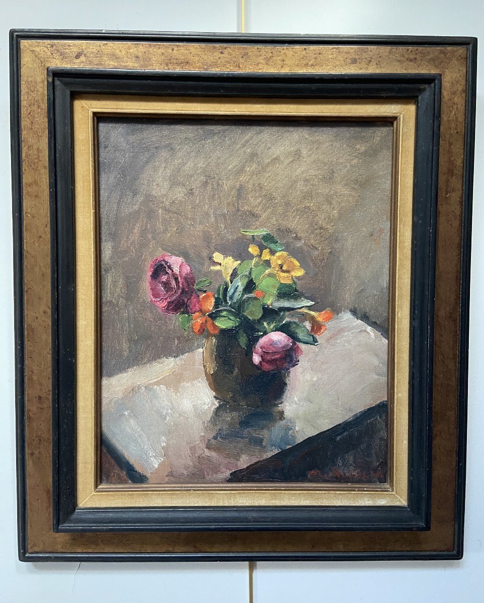 Maurice Asselin (1882-1947)  Bouquet De Roses Et De Capucines , Huile Sur Toile Signée-photo-4