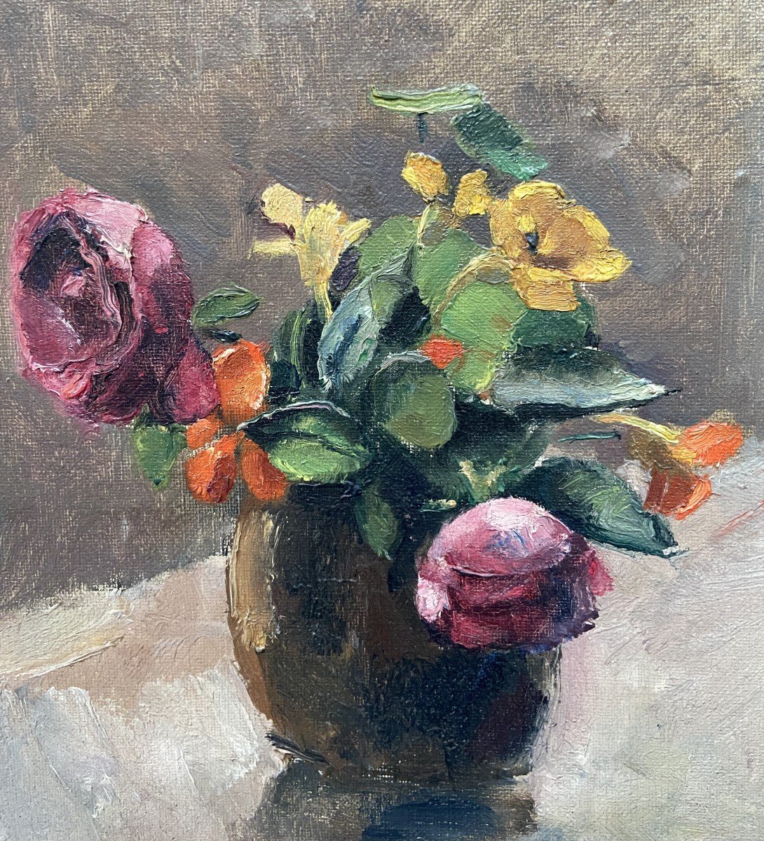 Maurice Asselin (1882-1947) Bouquet Of Roses And Nasturtiums, Oil On Canvas Signed-photo-5