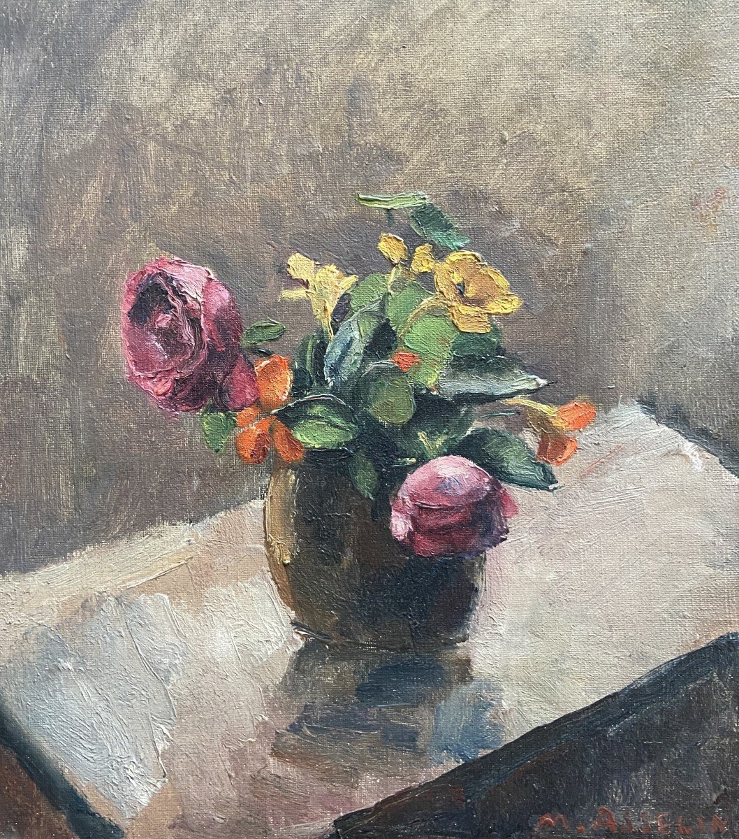 Maurice Asselin (1882-1947)  Bouquet De Roses Et De Capucines , Huile Sur Toile Signée