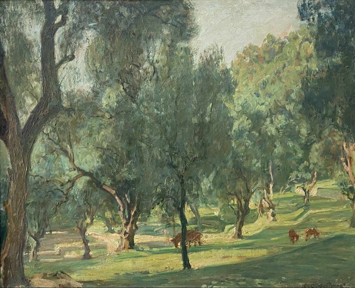 Octave Denis Victor Guillonnet (1872 - 1967)  Les Oliviers,  huile sur panneau, signé