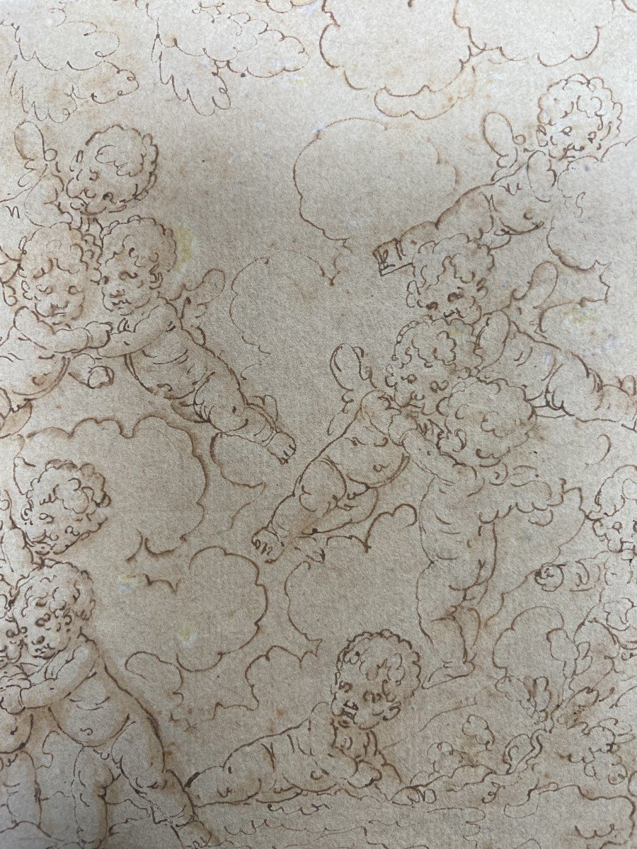 Louis-félix De La Rue (1730-1777) Putti Playing Around A Sculpture, Pen Drawing-photo-3