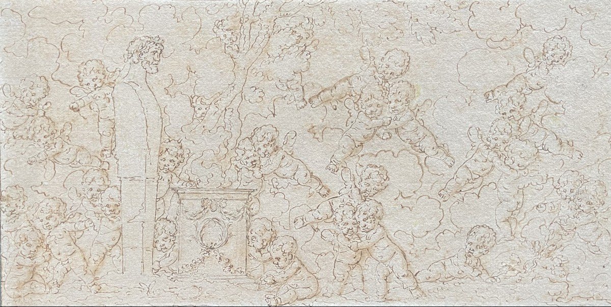 Louis-félix De La Rue (1730-1777) Putti Playing Around A Sculpture, Pen Drawing