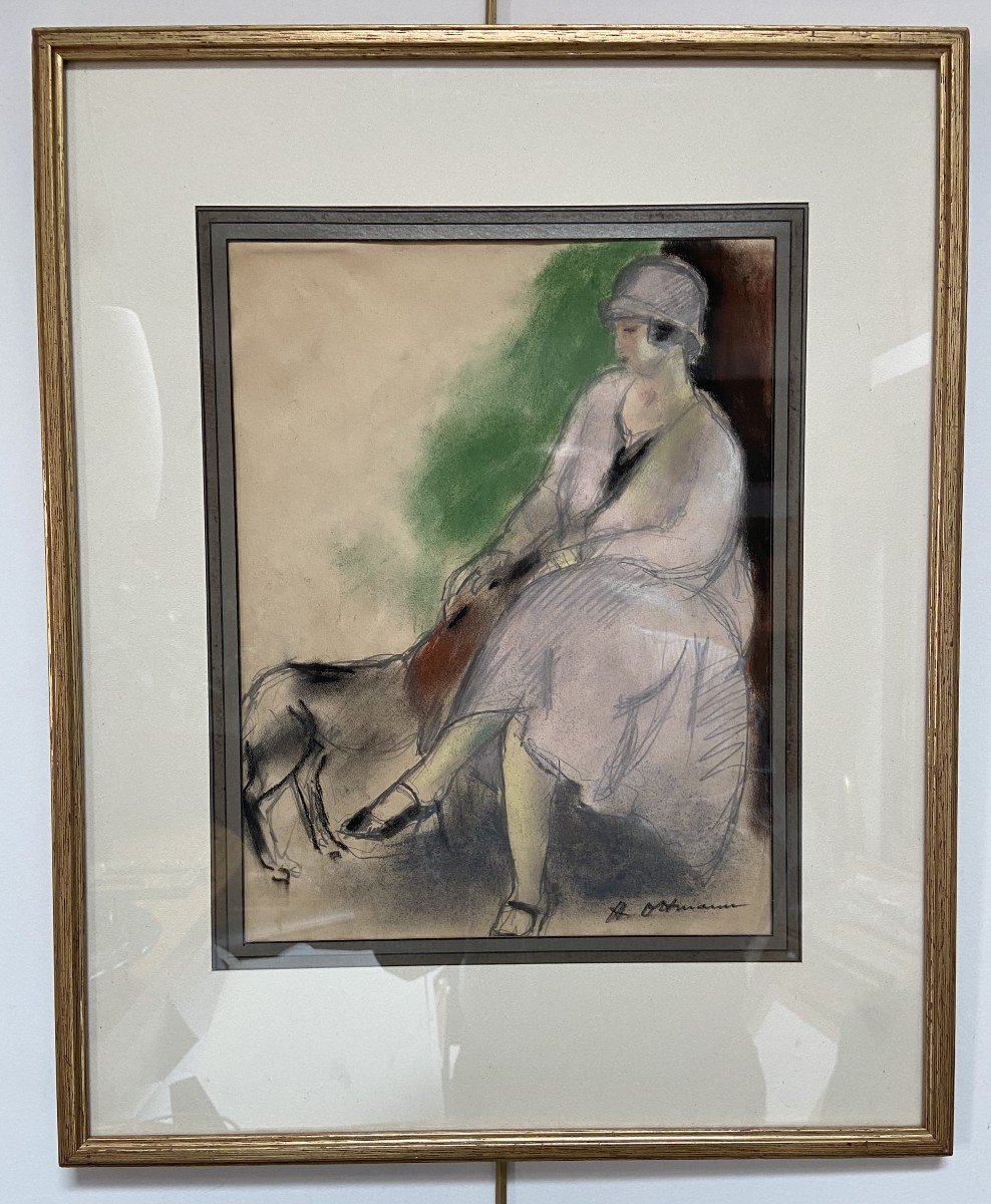 Henry Ottmann (1877-1927) Élégante au chien 1925, pastel signé-photo-2