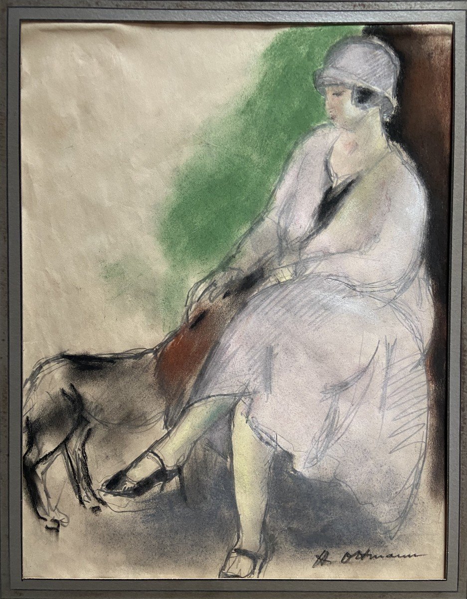 Henry Ottmann (1877-1927) Élégante au chien 1925, pastel signé-photo-3