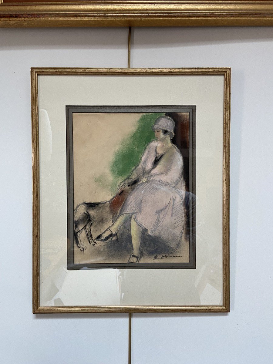 Henry Ottmann (1877-1927) Élégante au chien 1925, pastel signé-photo-2