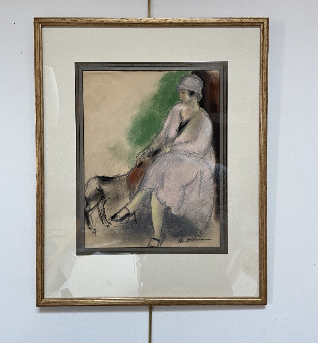 Henry Ottmann (1877-1927) Élégante au chien 1925, pastel signé-photo-3