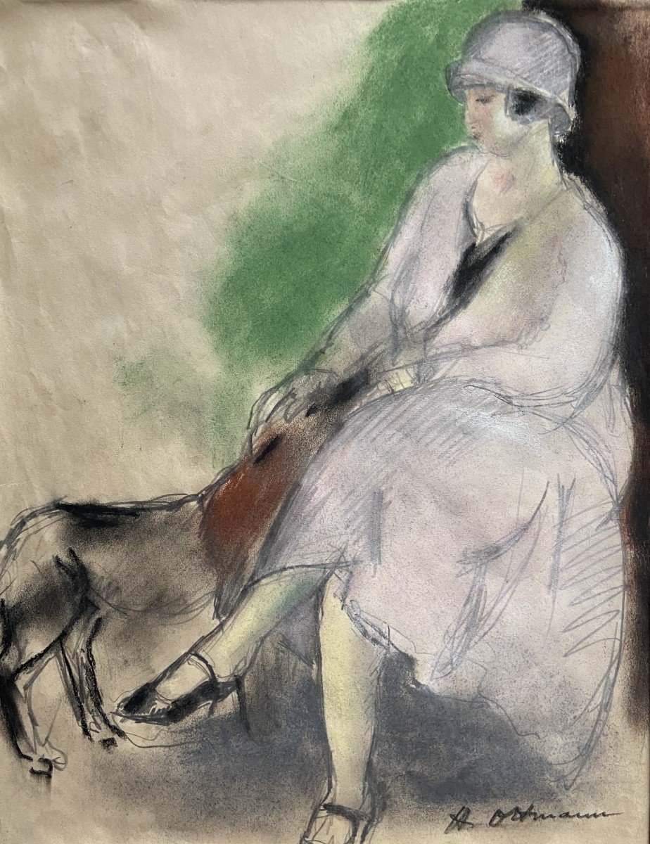 Henry Ottmann (1877-1927) Élégante au chien 1925, pastel signé