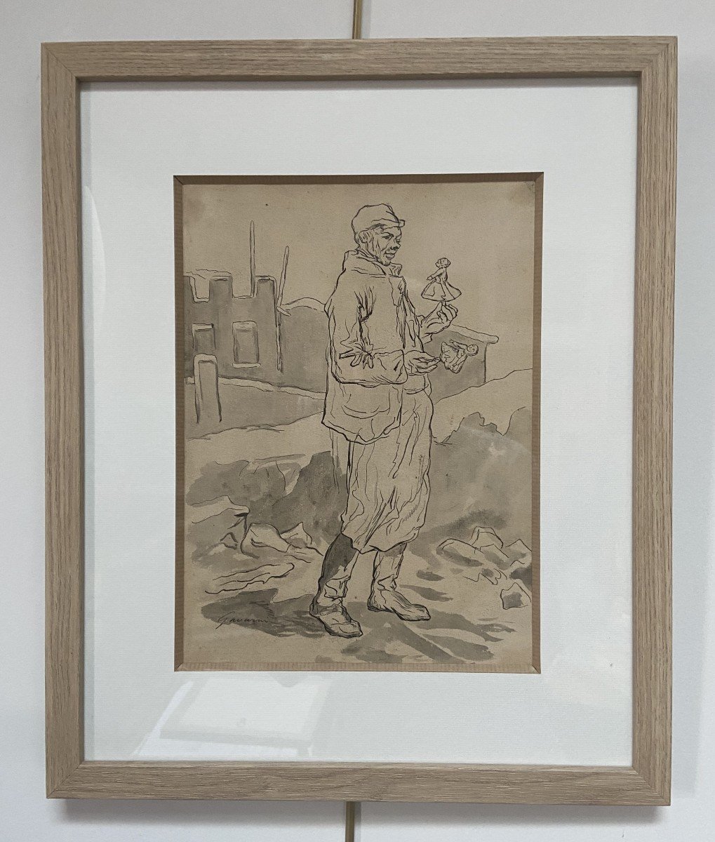 Paul Gavarni (1804-1866) The Puppeteer, Study For Janvier, Signed Drawing-photo-2